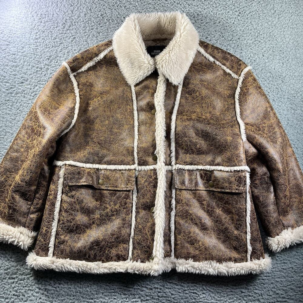 Urban Outfitters Womens Large Brown Distressed Faux Leather Shearling Jacket